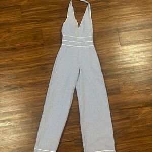 Lauren James Seersucker Blue Halter Jumpsuit Size XS